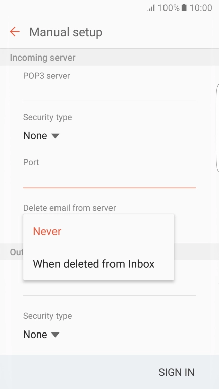 Press Never to keep email messages on the server when you delete them on your phone. Press Never to keep email messages on the server when you delete them on your phone.