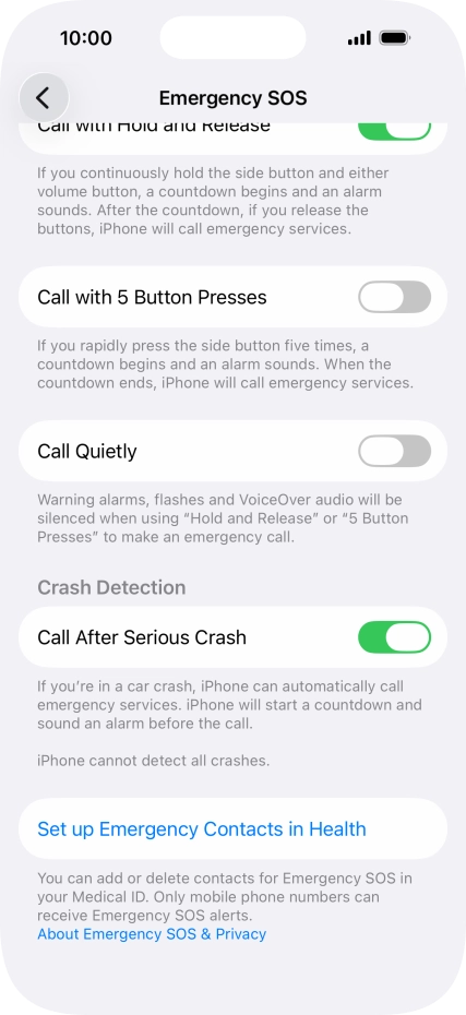 Press Set up Emergency Contacts in Health and follow the instructions on the screen to key in your emergency info and emergency contacts. Press Set up Emergency Contacts in Health and follow the instructions on the screen to key in your emergency info and emergency contacts.