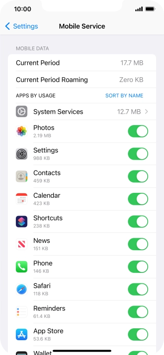 The data usage for each application is displayed below the name of the application. The data usage for each application is displayed below the name of the application.