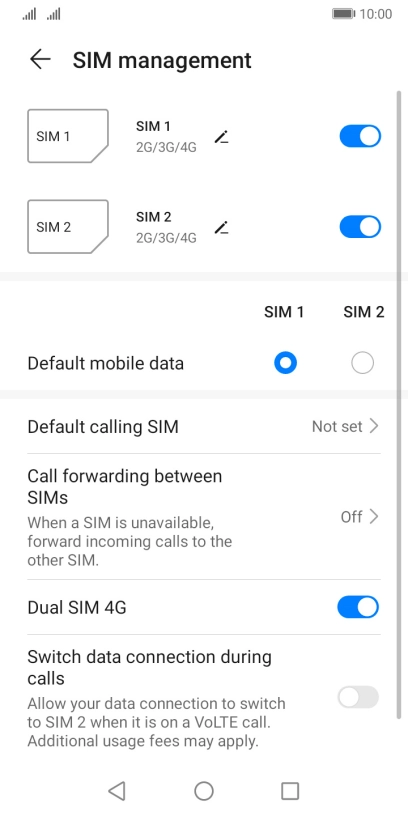 Press the indicator next to the required SIM to turn use of the SIM on or off. Press the indicator next to the required SIM to turn use of the SIM on or off.