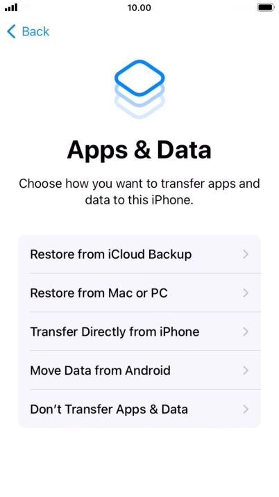 Press Don't Transfer Apps & Data and follow the instructions on the screen to finish the activation. Press Don't Transfer Apps & Data and follow the instructions on the screen to finish the activation.