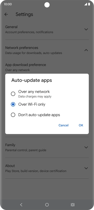 To turn on automatic update of apps using mobile network, press Over any network. To turn on automatic update of apps using mobile network, press Over any network.