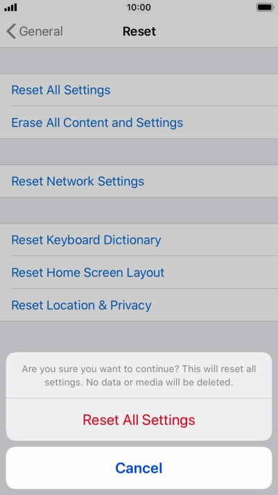 Press Reset All Settings. Wait a moment while the factory default settings are restored. Follow the instructions on the screen to set up your phone and prepare it for use. Press Reset All Settings. Wait a moment while the factory default settings are restored. Follow the instructions on the screen to set up your phone and prepare it for use.
