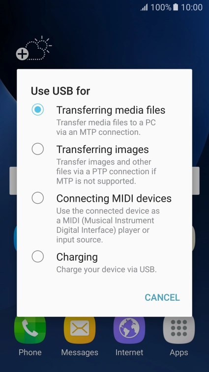 Press Transferring media files to turn on the function. Press Transferring media files to turn on the function.