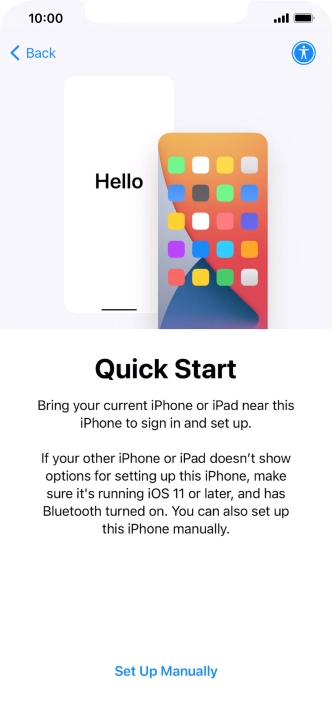 Follow the instructions on the screen to transfer content from another device running iOS 11 or later or press Set Up Manually. Follow the instructions on the screen to transfer content from another device running iOS 11 or later or press Set Up Manually.