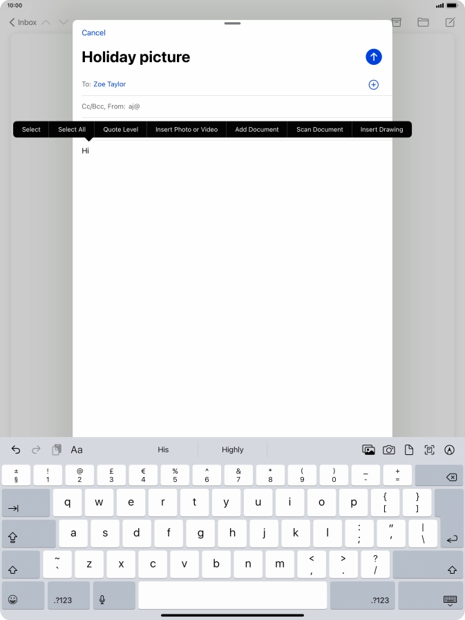 Press Insert Photo or Video and follow the instructions on the screen to attach a picture or a video clip. Press Insert Photo or Video and follow the instructions on the screen to attach a picture or a video clip.