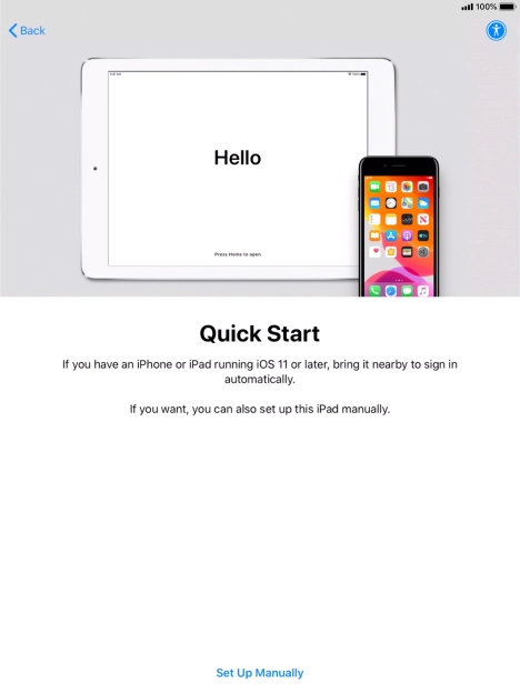 Follow the instructions on the screen to transfer content from another device running iOS 11 or later or press Set Up Manually. Follow the instructions on the screen to transfer content from another device running iOS 11 or later or press Set Up Manually.