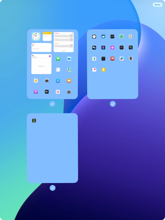 Press the field below the required home screen pages to select or deselect them. Press the field below the required home screen pages to select or deselect them.