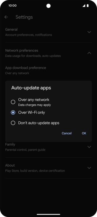 To turn on automatic update of apps using mobile network, press Over any network. To turn on automatic update of apps using mobile network, press Over any network.