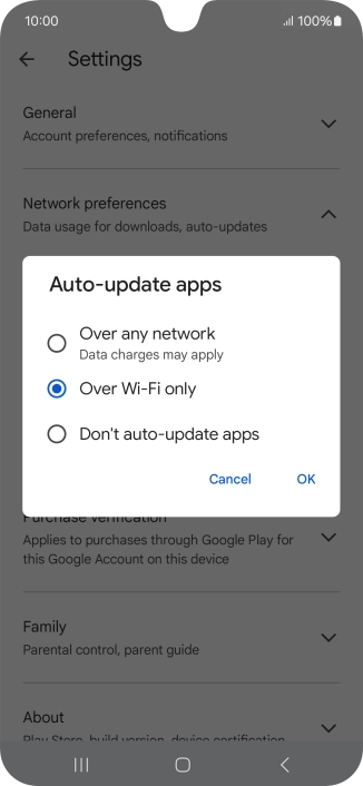 To turn on automatic update of apps using mobile network, press Over any network. To turn on automatic update of apps using mobile network, press Over any network.
