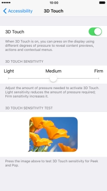 Press and drag the indicator right or left to set the required sensitivity for 3D Touch. Press and drag the indicator right or left to set the required sensitivity for 3D Touch.
