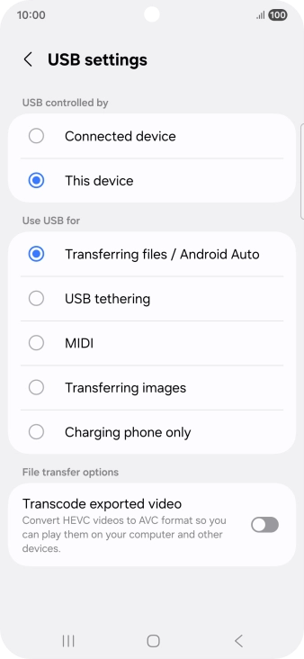 Press Transferring files / Android Auto. Press Transferring files / Android Auto.