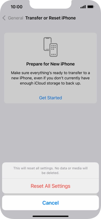 Press Reset All Settings. Wait a moment while the factory default settings are restored. Follow the instructions on the screen to set up your phone and prepare it for use. Press Reset All Settings. Wait a moment while the factory default settings are restored. Follow the instructions on the screen to set up your phone and prepare it for use.