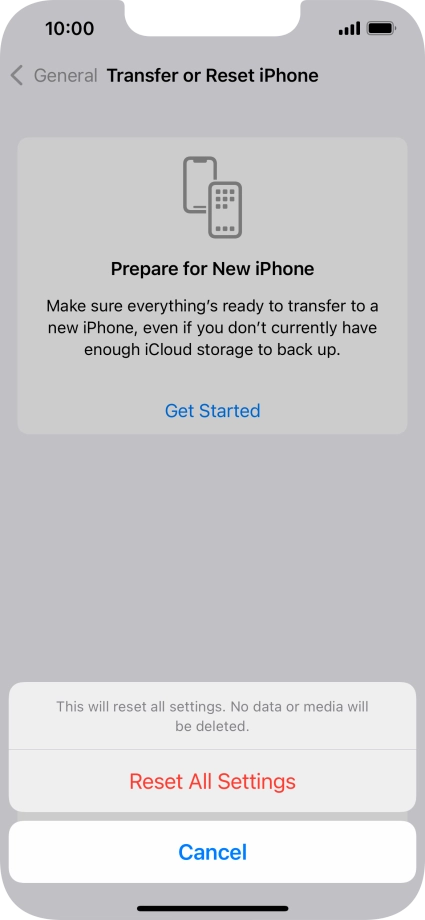 Press Reset All Settings. Wait a moment while the factory default settings are restored. Follow the instructions on the screen to set up your phone and prepare it for use. Press Reset All Settings. Wait a moment while the factory default settings are restored. Follow the instructions on the screen to set up your phone and prepare it for use.