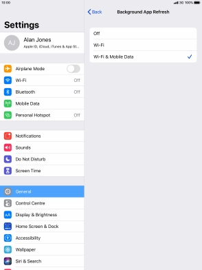 To turn off background refresh of apps, press Off. To turn off background refresh of apps, press Off.