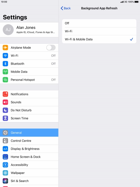 To turn off background refresh of apps, press Off. To turn off background refresh of apps, press Off.