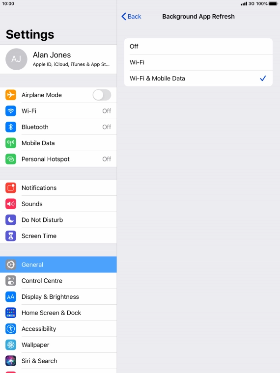 To turn off background refresh of apps, press Off. To turn off background refresh of apps, press Off.