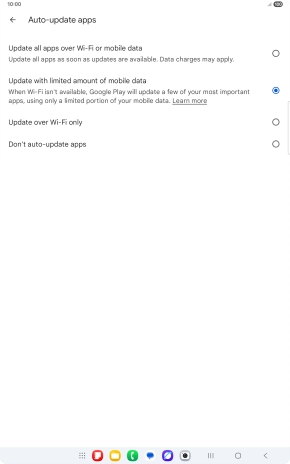 To turn on automatic update of apps using mobile network, press Update all apps over Wi-Fi or mobile data. To turn on automatic update of apps using mobile network, press Update all apps over Wi-Fi or mobile data.