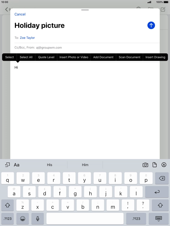 Press Insert Photo or Video and follow the instructions on the screen to attach a picture or a video clip. Press Insert Photo or Video and follow the instructions on the screen to attach a picture or a video clip.