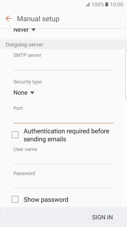 Press Authentication required before sending emails to turn the function on or off. Please note that if you're using Vodafone's outgoing server, turn off SMTP authentication and leave the username and password fields empty. Press Authentication required before sending emails to turn the function on or off. Please note that if you're using Vodafone's outgoing server, turn off SMTP authentication and leave the username and password fields empty.