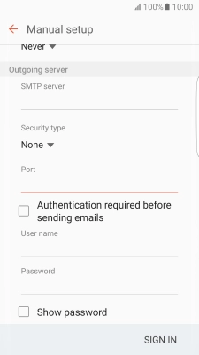 Press Authentication required before sending emails to turn the function on or off. Please note that if you're using Vodafone's outgoing server, turn off SMTP authentication and leave the username and password fields empty. Press Authentication required before sending emails to turn the function on or off. Please note that if you're using Vodafone's outgoing server, turn off SMTP authentication and leave the username and password fields empty.
