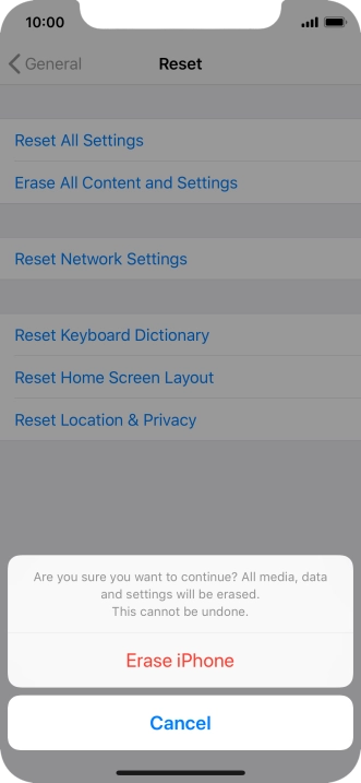 Press Erase iPhone. Wait a moment while the factory default settings are restored. Follow the instructions on the screen to set up your phone and prepare it for use. Press Erase iPhone. Wait a moment while the factory default settings are restored. Follow the instructions on the screen to set up your phone and prepare it for use.