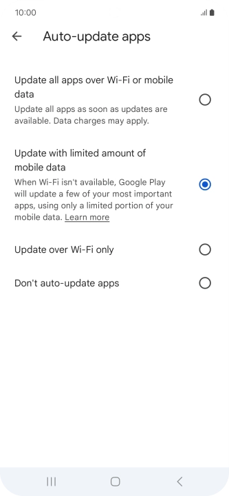 To turn on automatic update of apps using mobile network, press Update all apps over Wi-Fi or mobile data. To turn on automatic update of apps using mobile network, press Update all apps over Wi-Fi or mobile data.