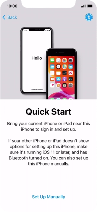 Follow the instructions on the screen to transfer content from another device running iOS 11 or later or press Set Up Manually. Follow the instructions on the screen to transfer content from another device running iOS 11 or later or press Set Up Manually.