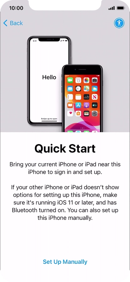 Follow the instructions on the screen to transfer content from another device running iOS 11 or later or press Set Up Manually. Follow the instructions on the screen to transfer content from another device running iOS 11 or later or press Set Up Manually.