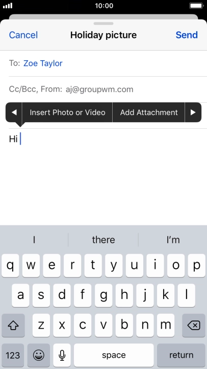 Press Insert Photo or Video and follow the instructions on the screen to attach a picture or a video clip. Press Insert Photo or Video and follow the instructions on the screen to attach a picture or a video clip.