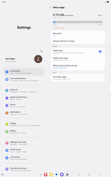 The total data usage is displayed. The total data usage is displayed.