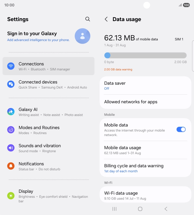 The total data usage is displayed. The total data usage is displayed.