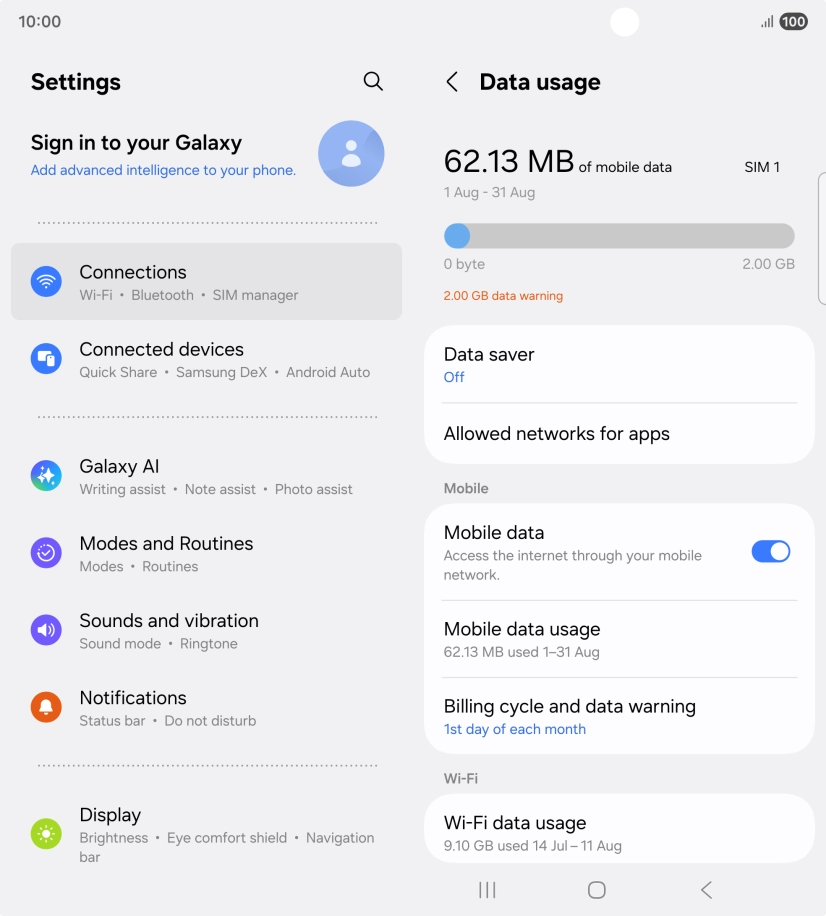 The total data usage is displayed. The total data usage is displayed.