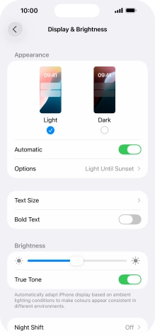 If you turn on the function, press Options and follow the instructions on the screen to select the required period of time for Dark Mode. If you turn on the function, press Options and follow the instructions on the screen to select the required period of time for Dark Mode.