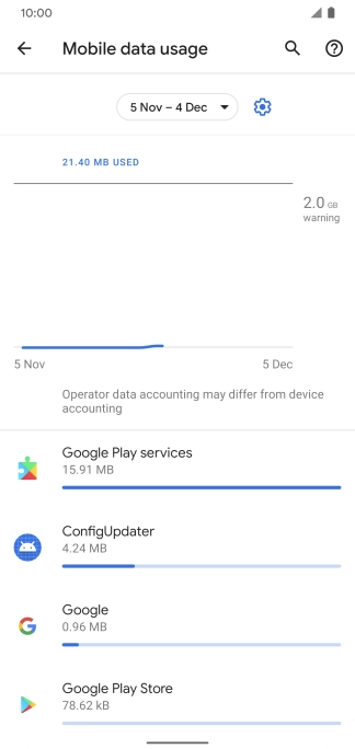 The data usage for each application is displayed below the name of the application. The data usage for each application is displayed below the name of the application.