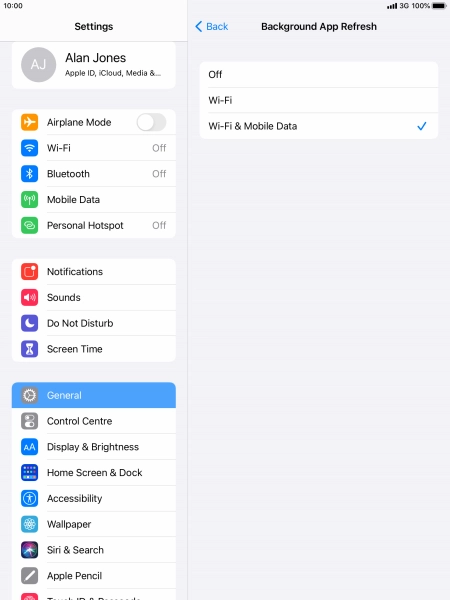 To turn off background refresh of apps, press Off. To turn off background refresh of apps, press Off.