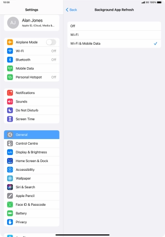 To turn off background refresh of apps, press Off. To turn off background refresh of apps, press Off.