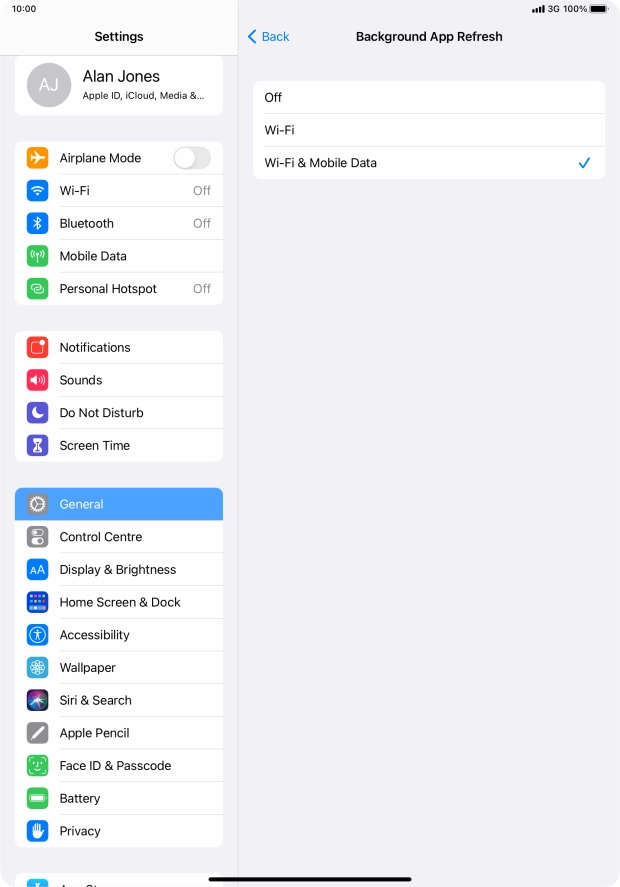 To turn off background refresh of apps, press Off. To turn off background refresh of apps, press Off.