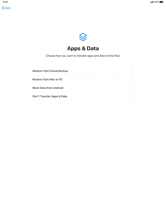 You can restore content from an iCloud backup when your tablet is activated for the first time and after a factory reset. When this screen is displayed, your tablet is ready to restore content from an iCloud backup. You can restore content from an iCloud backup when your tablet is activated for the first time and after a factory reset. When this screen is displayed, your tablet is ready to restore content from an iCloud backup.