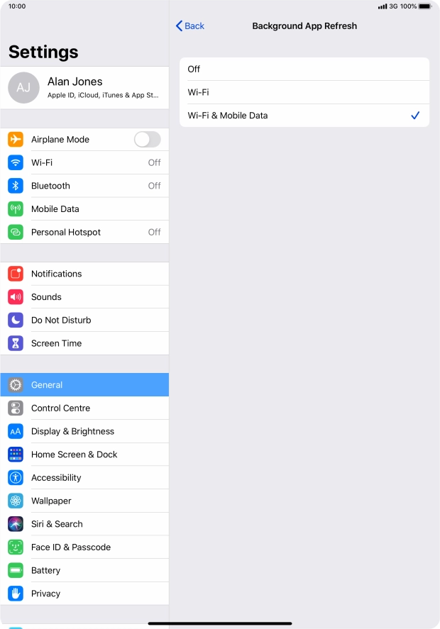 To turn off background refresh of apps, press Off. To turn off background refresh of apps, press Off.