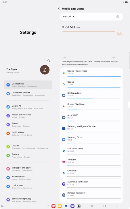 The data usage for each application is displayed below the name of the application. The data usage for each application is displayed below the name of the application.