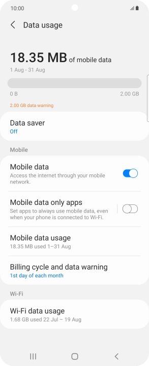 The total data usage is displayed. The total data usage is displayed.