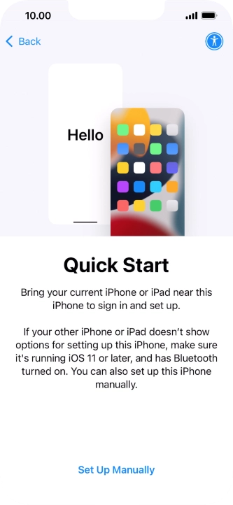 Follow the instructions on the screen to transfer content from another device running iOS 11 or later or press Set Up Manually. Follow the instructions on the screen to transfer content from another device running iOS 11 or later or press Set Up Manually.