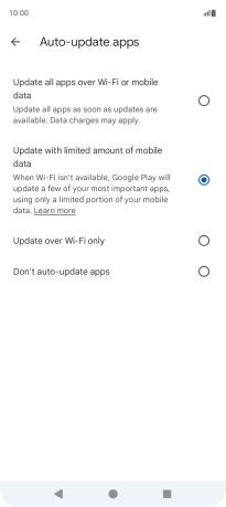 To turn on automatic update of apps using mobile network, press Update all apps over Wi-Fi or mobile data. To turn on automatic update of apps using mobile network, press Update all apps over Wi-Fi or mobile data.