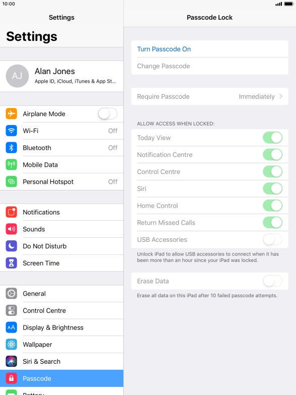 Press Turn Passcode On and key in a lock code of your own choice twice. Press Turn Passcode On and key in a lock code of your own choice twice.