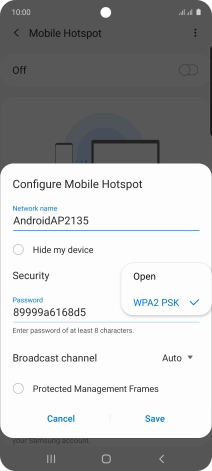 Press WPA2 PSK to password protect your Wi-Fi hotspot. Press WPA2 PSK to password protect your Wi-Fi hotspot.