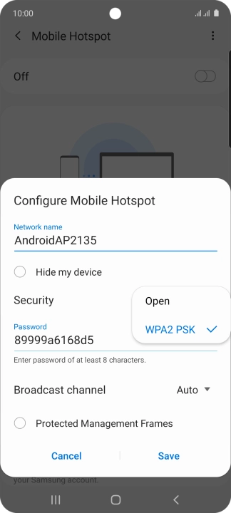 Press WPA2 PSK to password protect your Wi-Fi hotspot. Press WPA2 PSK to password protect your Wi-Fi hotspot.