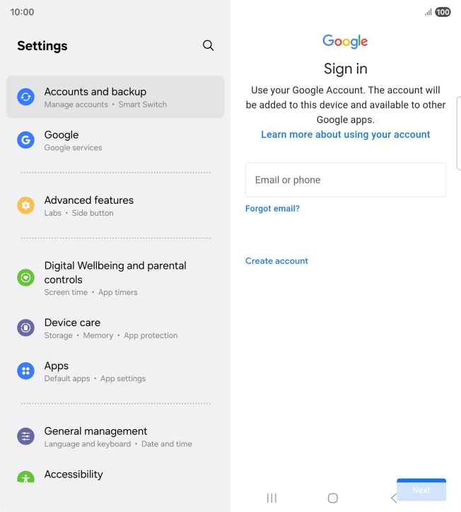 If you don't have a Google account, press Create account and follow the instructions on the screen to create an account. If you don't have a Google account, press Create account and follow the instructions on the screen to create an account.