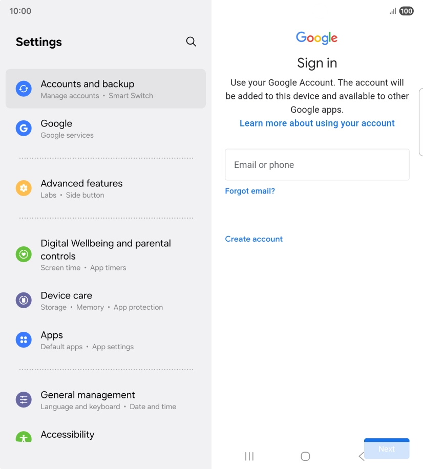 If you don't have a Google account, press Create account and follow the instructions on the screen to create an account. If you don't have a Google account, press Create account and follow the instructions on the screen to create an account.