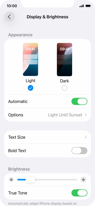 If you turn on the function, press Options and follow the instructions on the screen to select the required period of time for Dark Mode. If you turn on the function, press Options and follow the instructions on the screen to select the required period of time for Dark Mode.